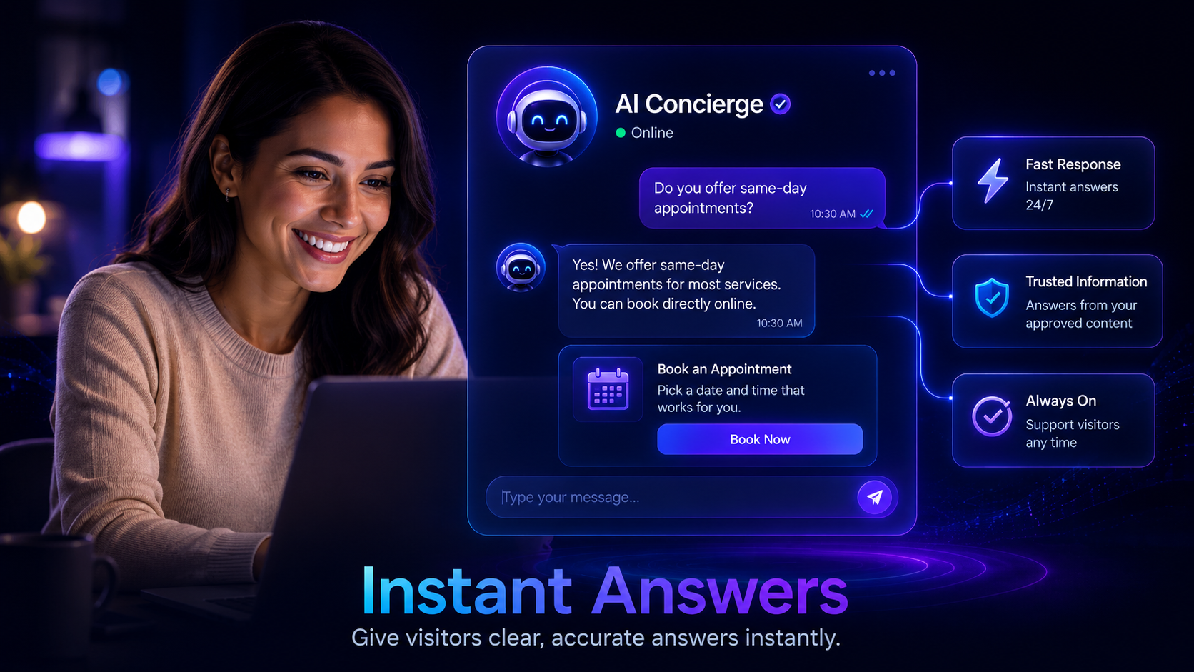 Neon AI chatbot interface with fast-response chat bubbles, answer cards, lightning icons, and connected knowledge panels on a dark futuristic dashboard.