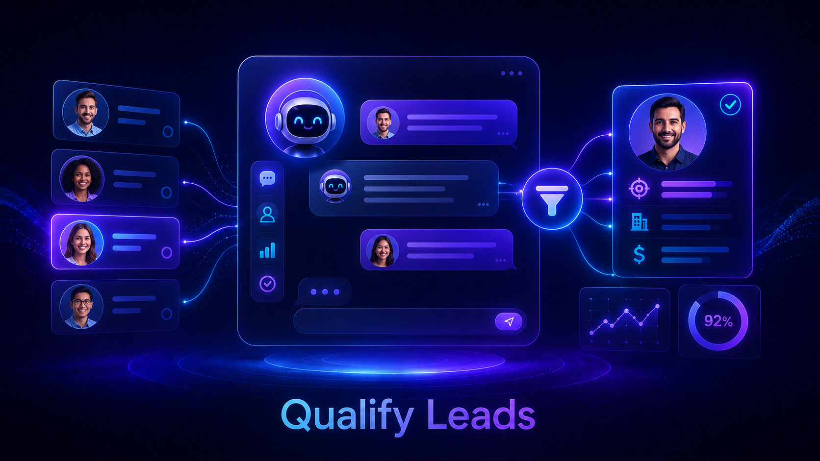 Futuristic AI concierge dashboard showing visitor profile cards, chat bubbles, lead qualification signals, and analytics panels connected by glowing blue and purple lines.